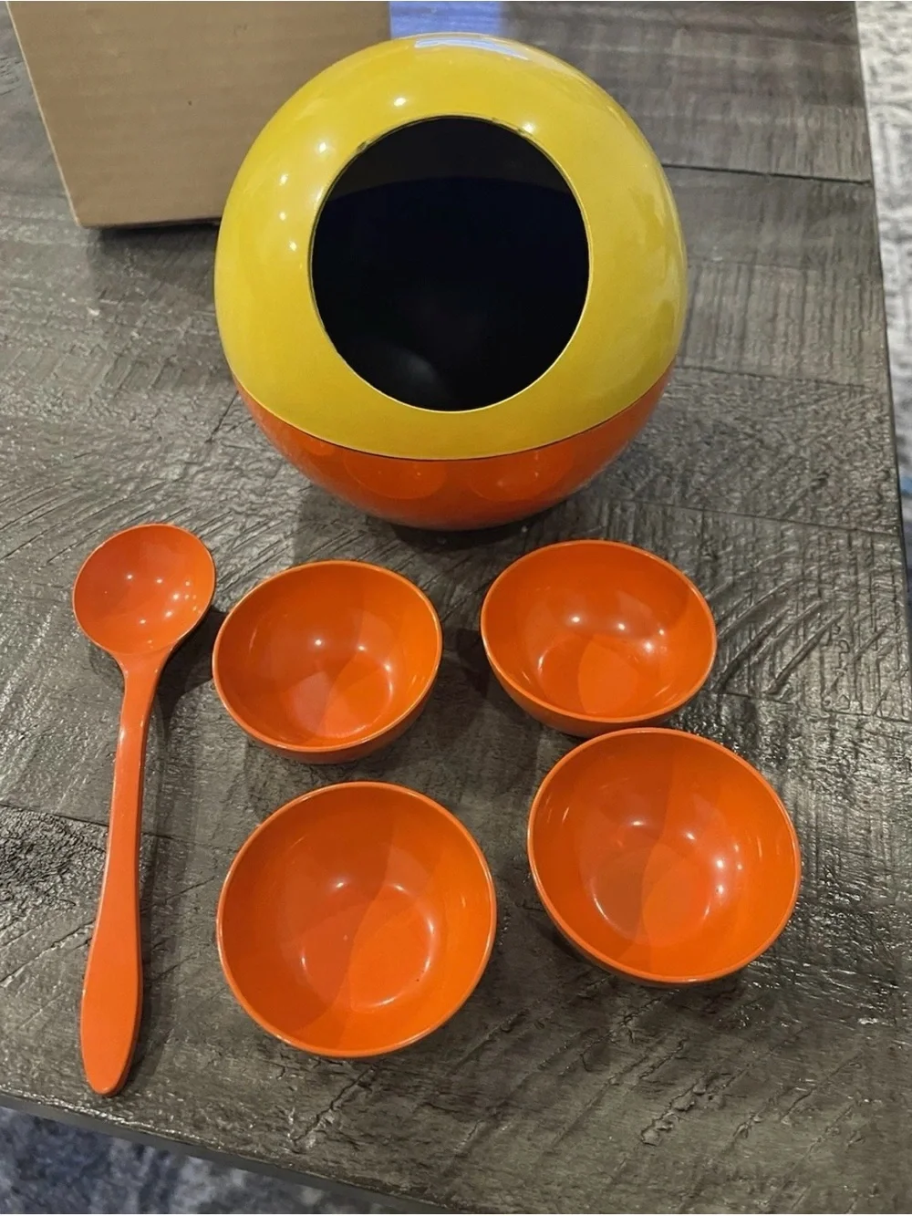 Vintage 1960s Mod Melamine Snack Set Orange Yellow Space Age Mid Century